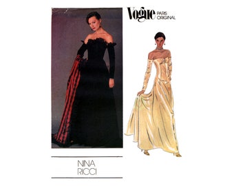 Vogue Paris Original 2604 Nina Ricci Strapless, Off-the-Shoulder, Fitted & Flared Dress with Stole, Partially Cut Sewing Pattern Size 12