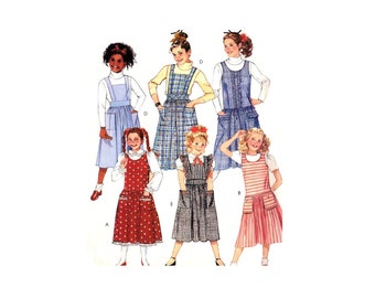 80's McCall's 4351 Girls' Drop Waist Sleeveless Jumper with Gathered Skirt or Jumpsuit, Uncut, Factory Folded Sewing Pattern Size 12