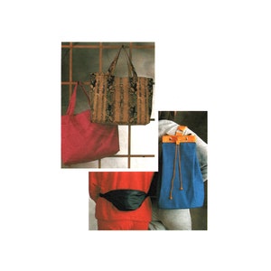 May include: An assortment of bags in various styles and colors. A patterned tote bag hangs from a wooden structure. A red tote bag and a blue drawstring bag are also visible. A black fanny pack is worn around the waist.