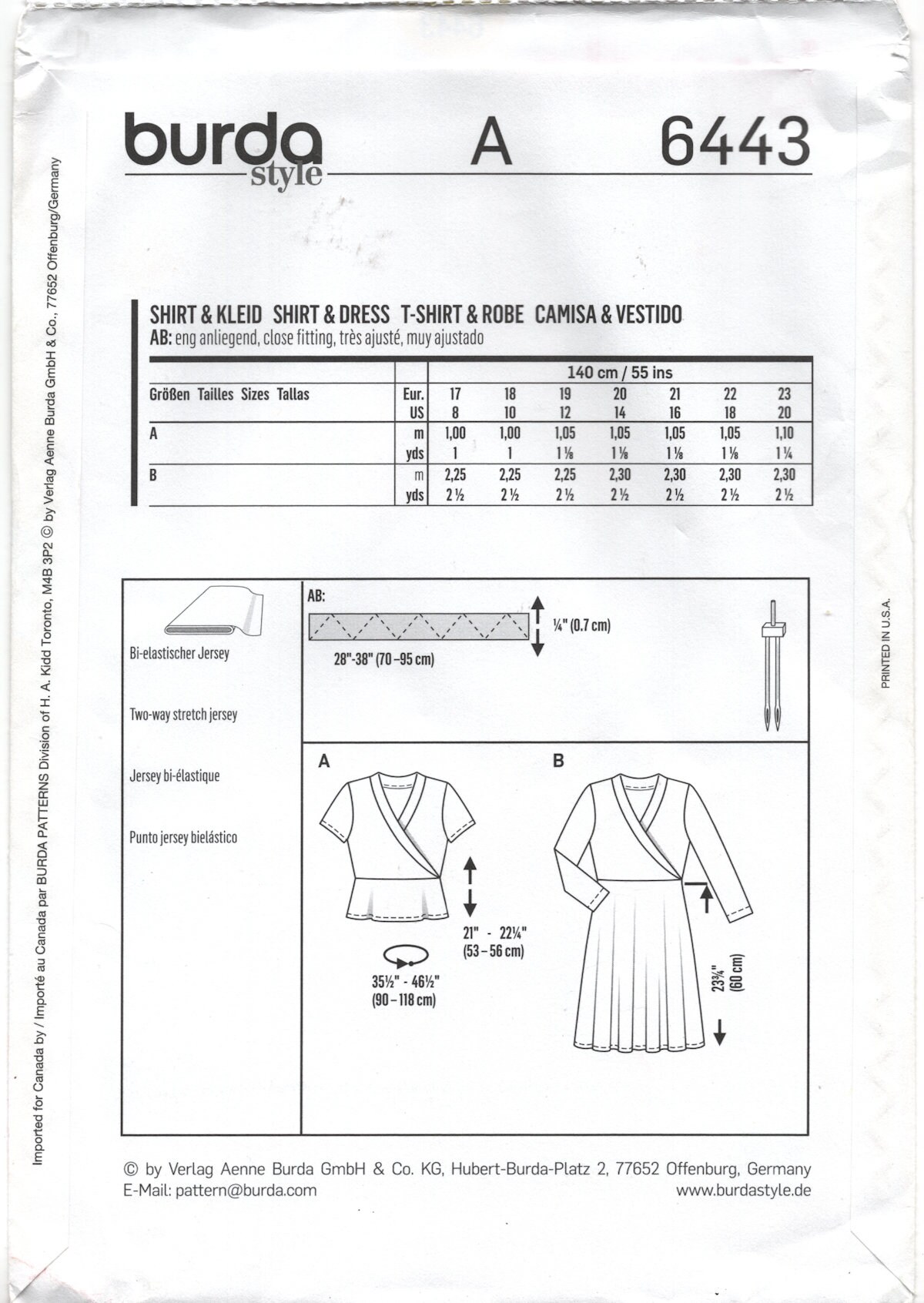 Burda 6443 Mock Wrap Top or Dress With Three Quarter Length or Short ...