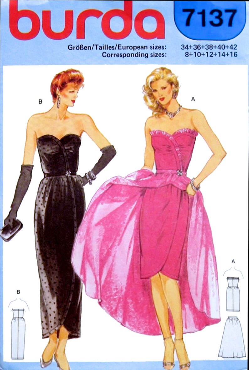 May include: Two women's dress patterns, one black with white polka dots and one pink with a ruffled neckline. The pattern numbers are 7137, 34+36+38+40+42, and 8+10+12+14+16.