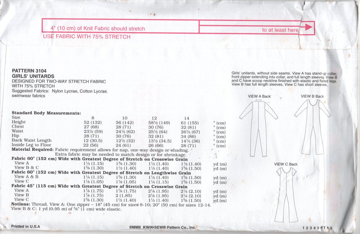 Kwik Sew 3104 Child's Unitard With Neckline and Sleeve Variations ...