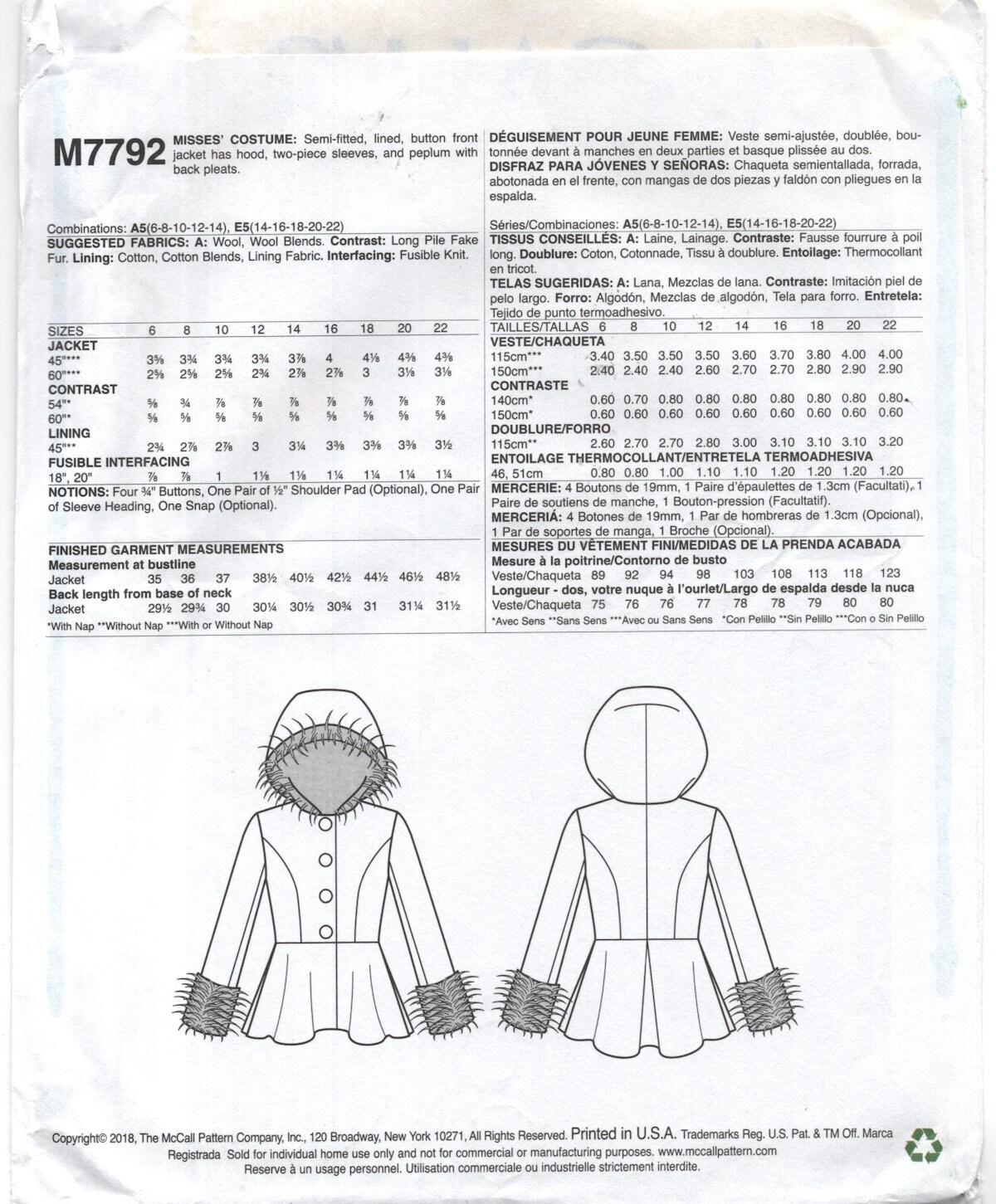 Mccall's 7792 Outlander Peplum Jacket With Hood, Uncut, Factory Folded ...