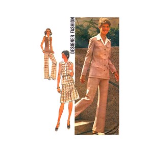 May include: A vintage sewing pattern showcasing three distinct outfits. The first outfit comprises a sleeveless top and wide-legged trousers. The second outfit features a sleeveless top and a pleated skirt. The third outfit consists of a long-sleeved jacket and trousers. All three ensembles are in a brown and white plaid pattern. The pattern is labelled "Designer Fashion".