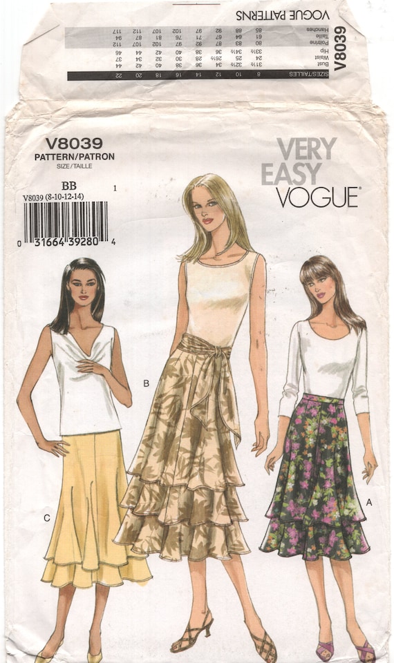 Vogue 8039 Skirt with Layer/Tier, Length Variations and Sash, Uncut,  Factory Folded Sewing Pattern Size 8-14