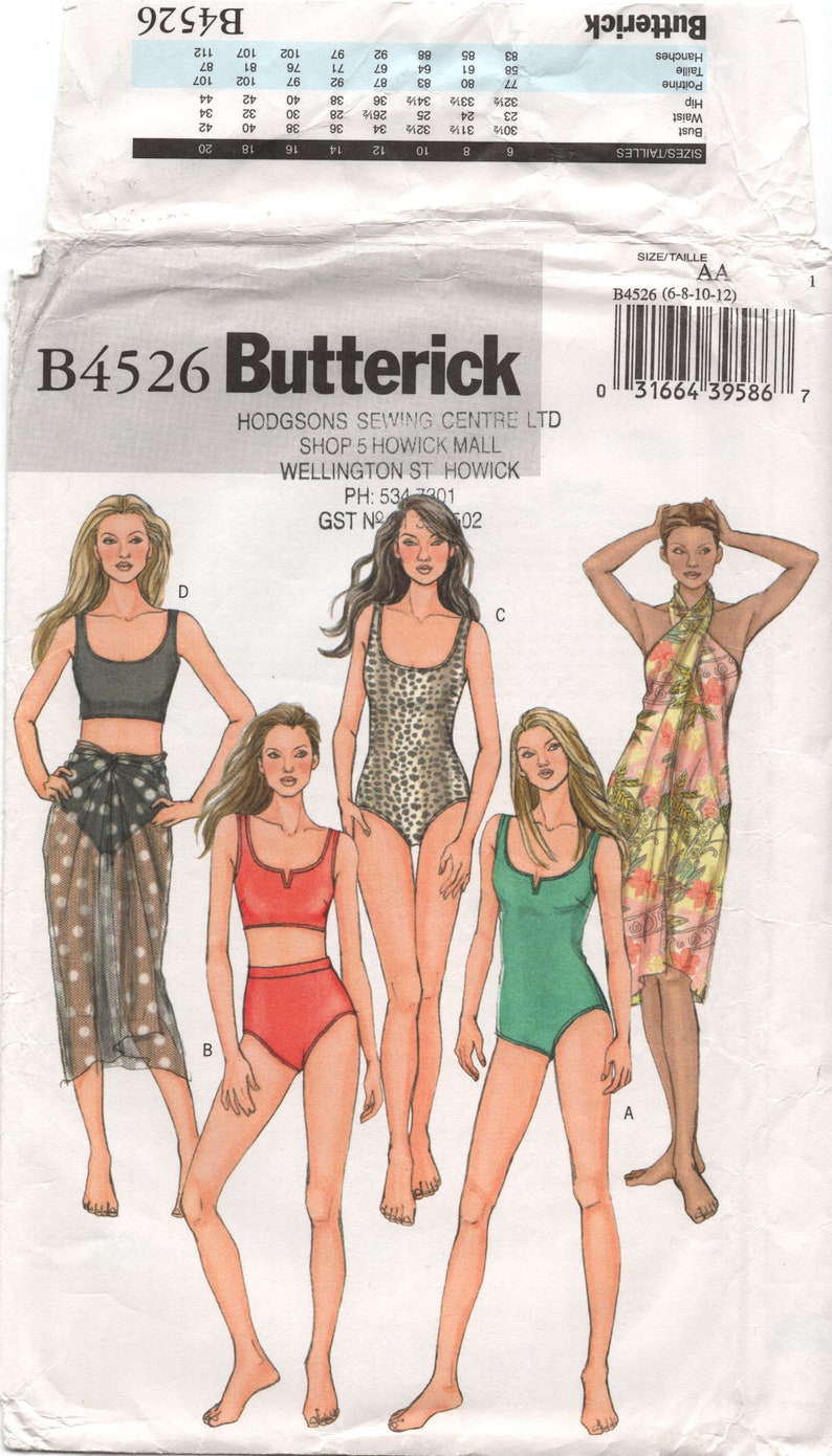 May include: A sewing pattern for four different swimsuit styles. The pattern is for sizes 6-8-10-12 and is from Butterick. The pattern is for a swimsuit with a halter top, a swimsuit with a scoop neck, a swimsuit with a V-neck, and a sarong.