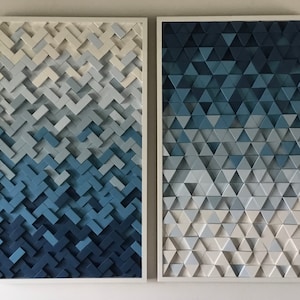 Geometric Wood Wall Art: Coastal Blue Gradient Sculpture, 2-Piece Set