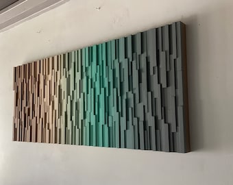 Geometric Wood Wall Art: Coastal Boho Sculpture, Brown Beige Green Gray