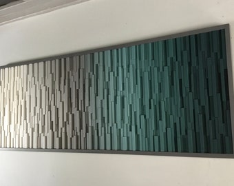 Wood wall sculpture- 30x80- wood wall art- XL art- dimensional wood sculpture-gradient woood art -blues and grays