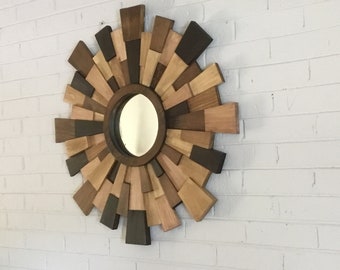 Sunburst Wood Wall Mirror: Reclaimed Wood Decor, Farmhouse Style, 28"