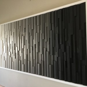 Black and White Wood Wall Sculpture: 3D Reclaimed Modern Art, 26''x60''