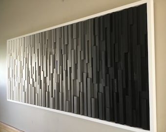 Black and White Wood Wall Sculpture: 3D Reclaimed Modern Art, 26''x60''