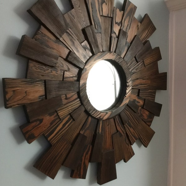 wood wall art/Archer/dimensional sunburst-reclaimed sunburst mirror-rustic mirror-wall mirror-walnut mirror-boho art