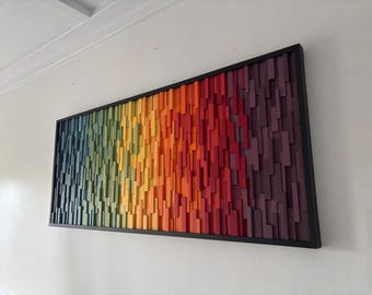 Dimensional Wood Sculpture, Colorful Rainbow Wall Art, Modern Framed Accent