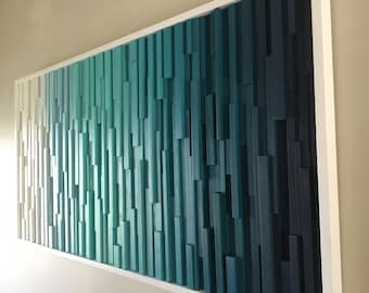 Blue Ombré Wood Wall Art: Modern Reclaimed Wood Sculpture