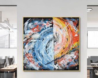 large Contemporary Art on canvas ,Original Modern Abstract Painting, orange, blue, black - Modizart