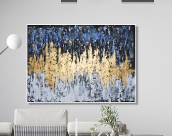 Gold abstract modern painting,black and white large canvas ,wall home  decor