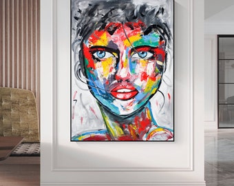 Verticale fine de femme, visage abstrait, art contemporain de toile