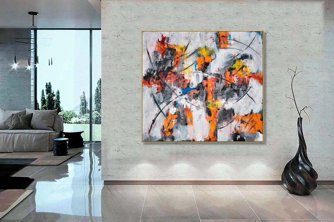 Original Abstract Art Painting on Canvas Contemporary Art, Orange Black