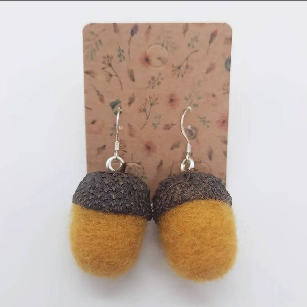 Acorn Cap Needle Felted Earrings Sterling Silver