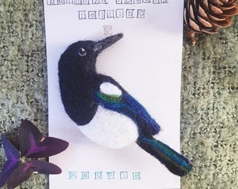 Magpie broche bufanda pin insignia aguja fieltro pájaros británicos hecho a mano regalo accesorio