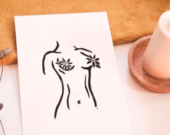 Hand printed nude bust floral linocut print. A5 original hand pressed artwork. Female figure, feminist aesthetic art.