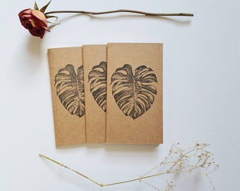 3 hand printed kraft notebook junk journal set. plain pages sketchbook. Handprinted monstera leaf plant design. stocking filler christmas