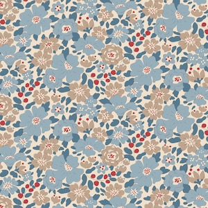 Op de afbeelding: Een naadloos patroon met verschillende blauwe en bruine bloemen op een crèmekleurige achtergrond. De bloemen zijn gestileerd en hebben een vintage uitstraling.