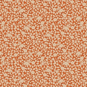 Op de afbeelding: Een naadloos patroon met kleine witte bloemen en bladeren op een verbrand oranje achtergrond.