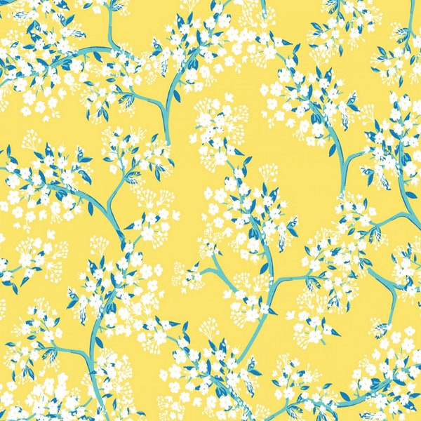 Yellow Emily Digital Cherry Blossom Floral by Simplified Collection of Clothworks 100% Cotton Quilt Shop Quality Fabric #Y3958-9