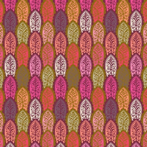 May include: A seamless pattern featuring a repeating design of stylized leaves in shades of pink, green, and purple. The leaves are arranged in a vertical pattern, creating a sense of movement and rhythm.