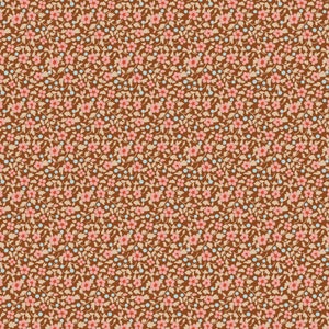 Op de afbeelding: Een naadloos patroon met een bruine achtergrond, kleine roze en beige bloemen en blauwe stippen.