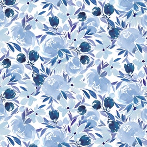 Blue Emily Digital Happy Floral by Simplified Collection of Clothworks Bluework Blue Work 100% Cotton Quilt Shop Quality Fabric #Y3957-90