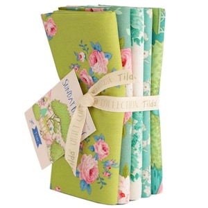 Sunday Brunch Half Yard 5 fabrics 18 x 44in Lime Teal by Tilda Fabrics