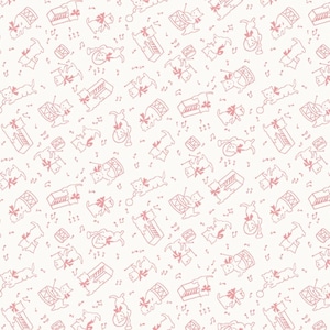 以下が含まれることがあります： 白地にピンク色の線画で描かれた子猫、楽器、音符の繰り返し模様。ドラム、ピアノ、ボールで遊ぶ子猫のイラストが含まれています。