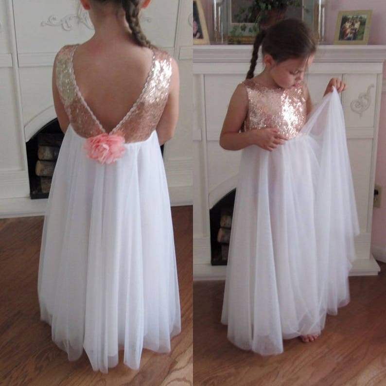 White Tulle Flower Girl Dress Ball Gown Rose Gold Sequin Dress Wedding Dress Gold Glitter Dress Floor Length Dress Junior Bridesmaid Formal