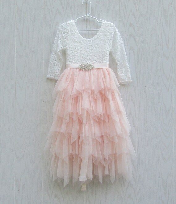 Junior Bridesmaid Blush Pink Flower Girl Dress Lace Flower Etsy
