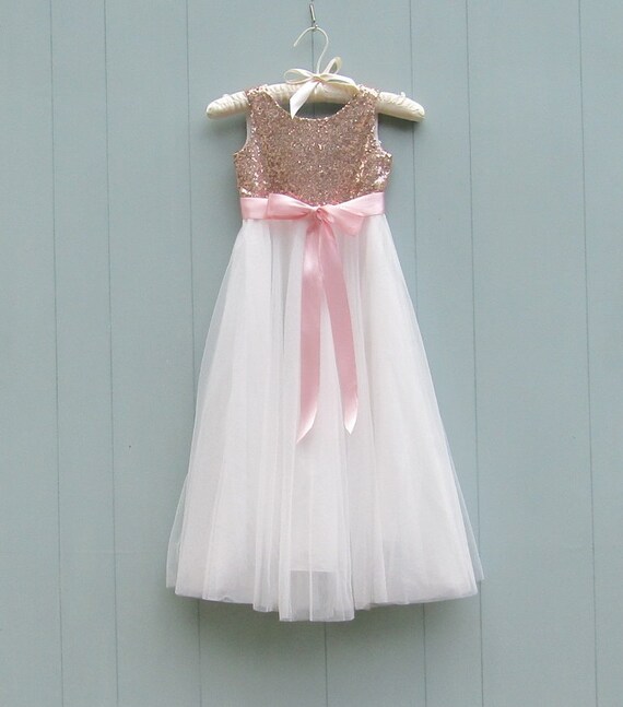 White Flower Girl Dress Tulle Ball Gown Rose Gold Sequin Dress Floor Length Dress Glitter Dress Wedding Junior Bridesmaid Special Occasion
