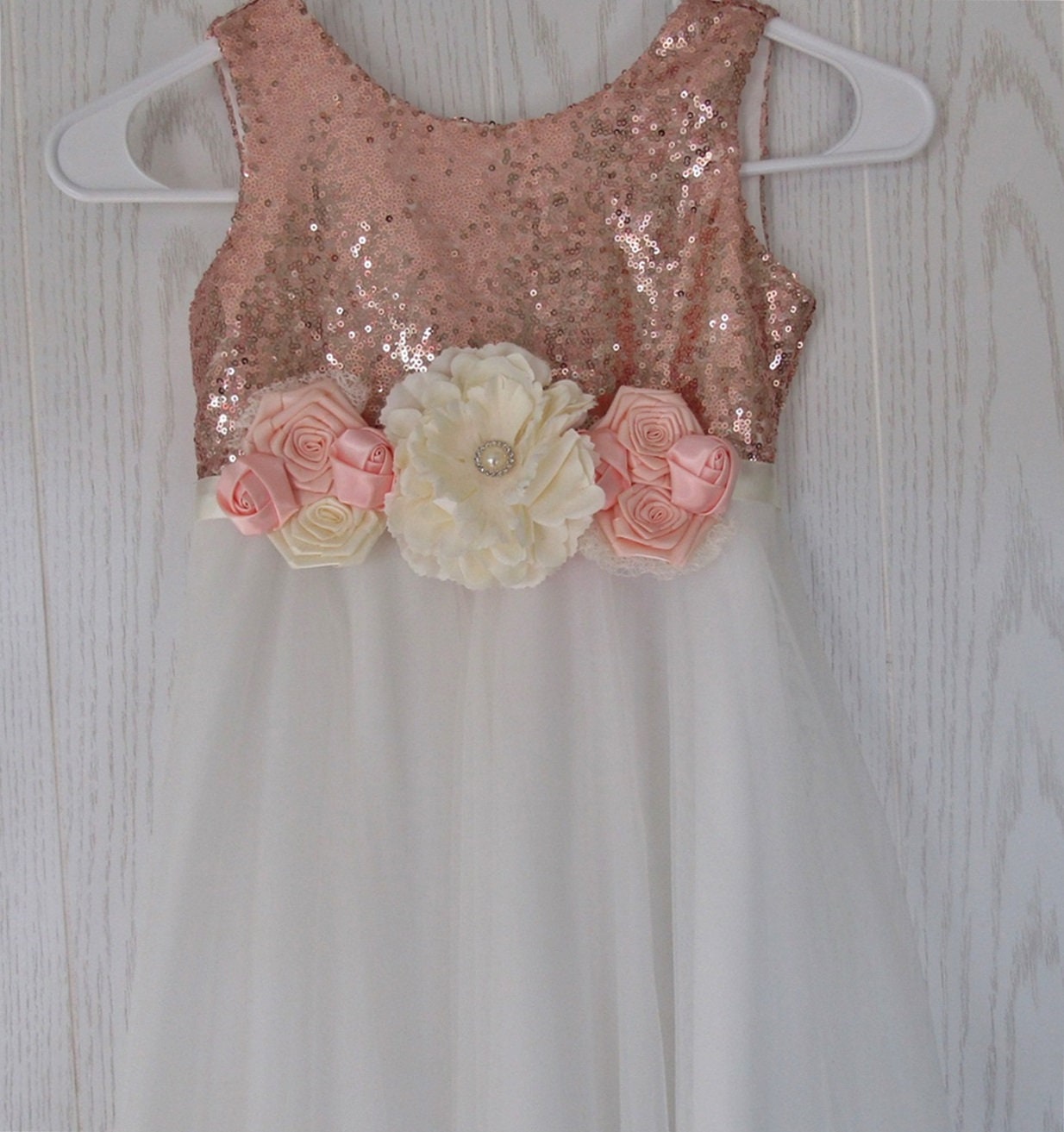 White Flower Girl Dress Rose Gold Sequin Dress Rustic Wedding Long White Dress Junior Bridesmaid Dress Photography Prop