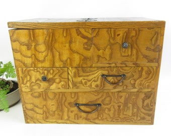 Japanese Vintage Wooden Sewing Box, Small Drawers