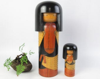 Japanese Vintage Kokeshi Dolls, set of 2, by Kisaku