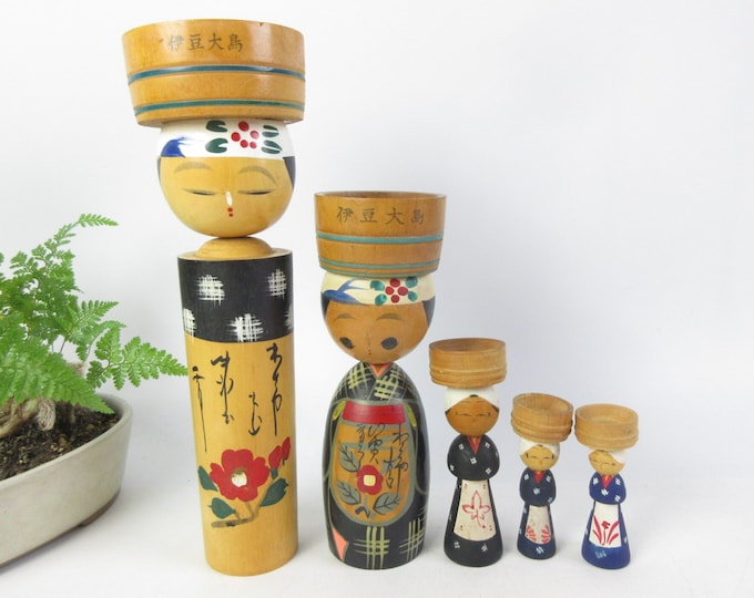 Japanese Vintage Small Kokeshi Dolls, set of 5, Izu Oshima, Miikimoto Pearl Island