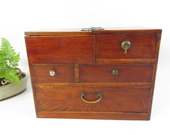 Japanese Vintage Wooden Sewing box, Small Drawers