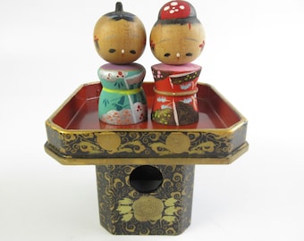 Japanese Vintage Kokeshi Dolls, set of 2, Hina dolls with wooden stand