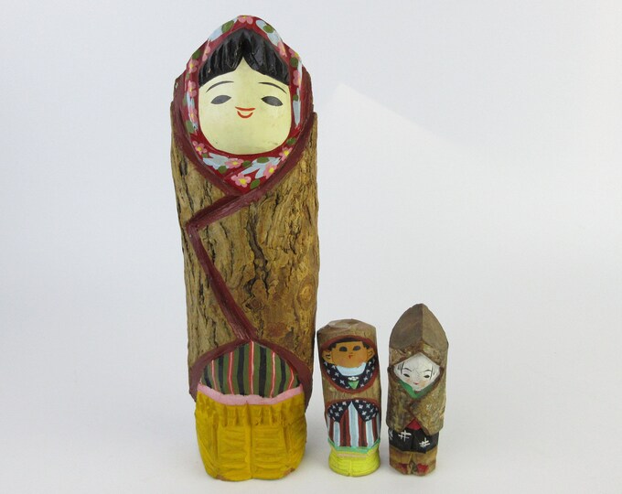 Vintage Japanese Wooden Dolls Set of 3 Wood Carving Etsy