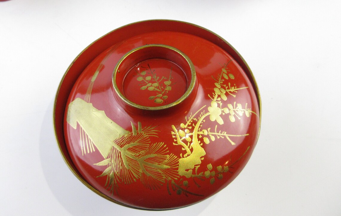 Set of 2 Japanese Antique Lacquered Wooden Bowls With Lid Etsy
