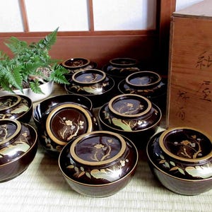 Ref1, Japanese Antique Lacquered Wooden Bowls with Lid, Dark Brown, Pine, Bamboo and Plum, set of 10