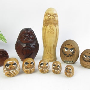 Japanese Vintage Wood Carving DARUMA, Kokeshi, set of 10 image 1