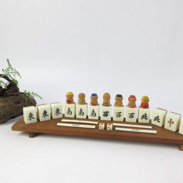 Japanese Vintage Kokeshi Dolls, Seven Gods of Fortune with Mahjong