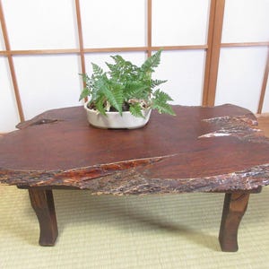 Puede incluir: Una mesa de café de madera rústica con una tapa de borde natural y una planta de helecho en una maceta de cerámica blanca. La mesa tiene un acabado marrón oscuro y está sostenida por cuatro patas.